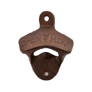 Foster & Rye Wall Mounted Bottle Opener with Open Here Slogan and Distressed Finish - Iron Bottle Opener, Brown, Set of 1 - 1 of 4