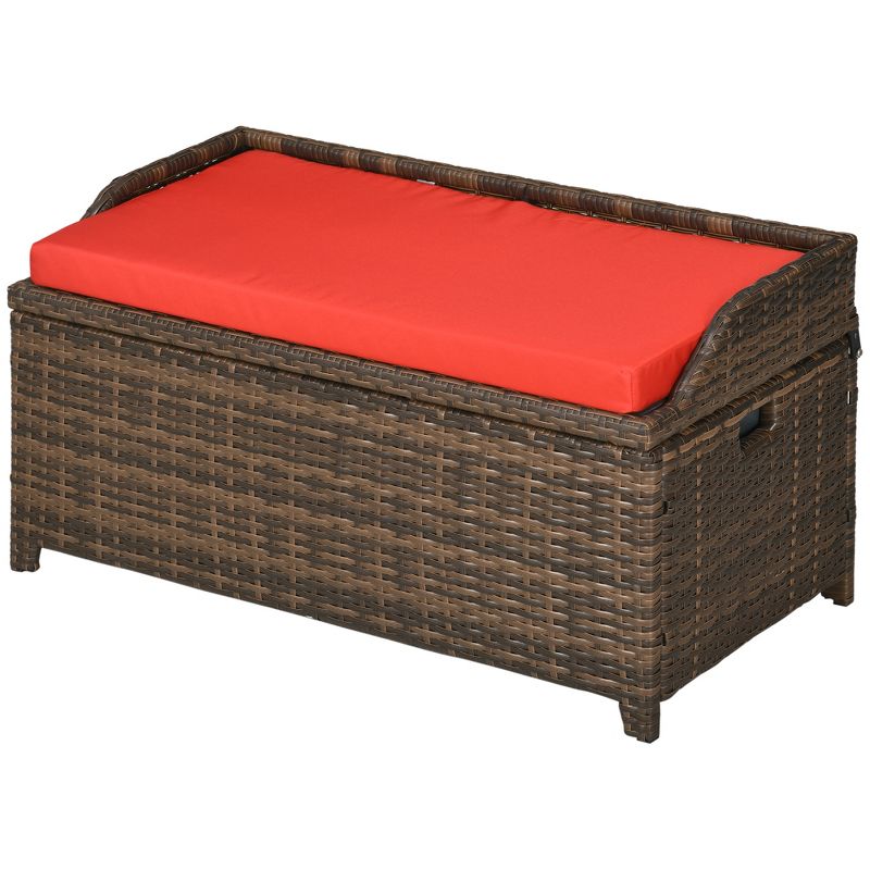 Outsunny Patio Wicker Storage Bench, Cushioned Outdoor PE Rattan Patio Furniture, Assisted Easy Open, Two-In-One Seat Box with Handles Seat, Red, 4 of 7