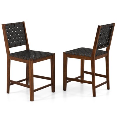 Tangkula Faux Leather Woven Bar Stools Set of 2/4 24 Inch Counter Height Bar Chairs with High Backrest Footrest