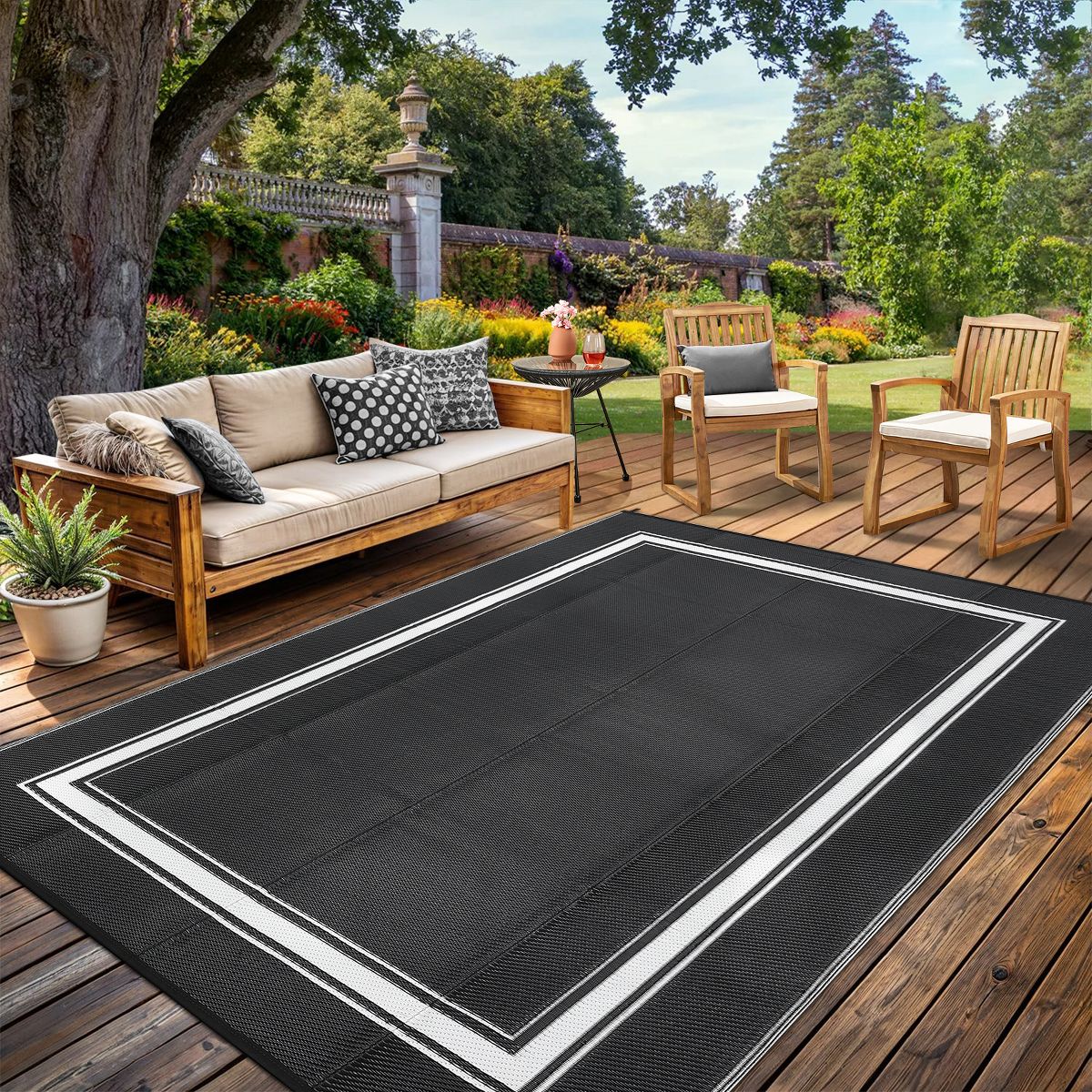 Garvee Outdoor Rug, Waterproof Reversible Modern Border Rugs, Plastic Straw Rug for Patio Balcony RV Camping