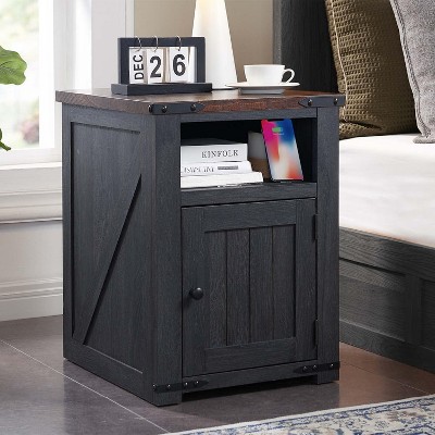 Nightstand with Charging Station, 20" Farmhouse End Table w/Groove Barn Door & Adjustable Shlef for Bedroom
