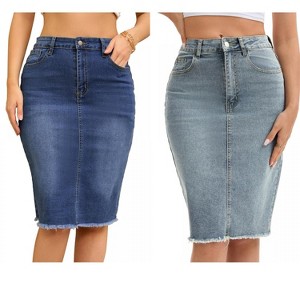 INSPIRE CHIC Women's Raw Hem High Waisted Pockets Stretch Knee Length Jean Denim Skirt 2 Packs - 1 of 4