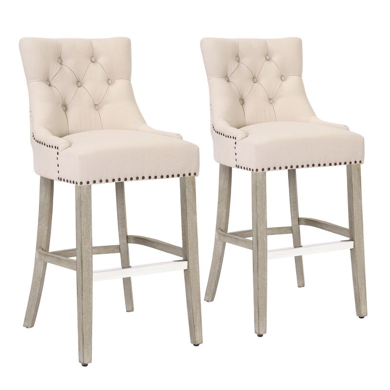 WestinTrends 29" Linen Tufted Buttons Upholstered Wingback Bar Stool (Set of 2), 3 of 4