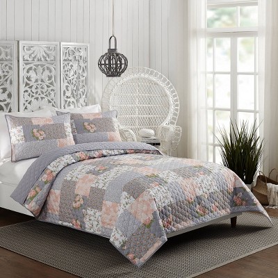 Gray Reversible Twin Microfiber Quilt Set with Floral Design