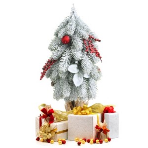 Tangkula 1.5' Mini Snow Flocked Xmas Tree Tabletop Artificial Christmas Tree w/ 59 Tips Burlap Cement Sand - 1 of 4