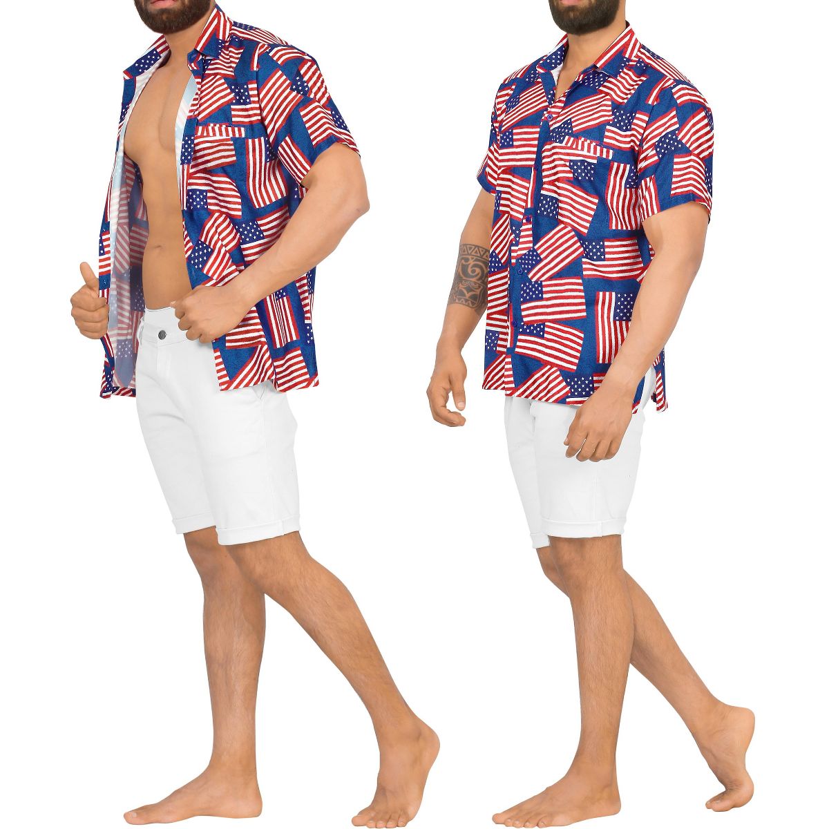 LA LEELA Men's 4th of July Patriotic US American Flag Shirt Short Sleeve Button Down Holiday Hawaiian Shirts for Men S US Flags Red - thumbnail 3