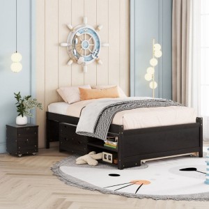 Full Platform Frame With Nightstand, 2 Built-in Drawers, Trundle, Shelves, Storage Box Full Size Bed Frame For Bedroom, Guest Room - 1 of 4