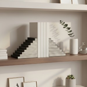 Decorative Steps Book Ends with Striped Pattern - Modern Resin and Wood Bookends for Bookshelf, Office, Desk, or Side Table Decor - Set of 6", Black - 1 of 4