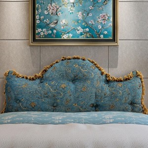 Hachikiko Queen Size Euro Headboard Pillow - Floral Embroidered, Blue with Gold, PP Cotton Filled (60"W x 26"H) - 1 of 4