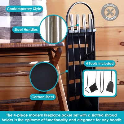 Modern Black Carbon Steel Fireplace Tool Set with Stainless Steel Handles