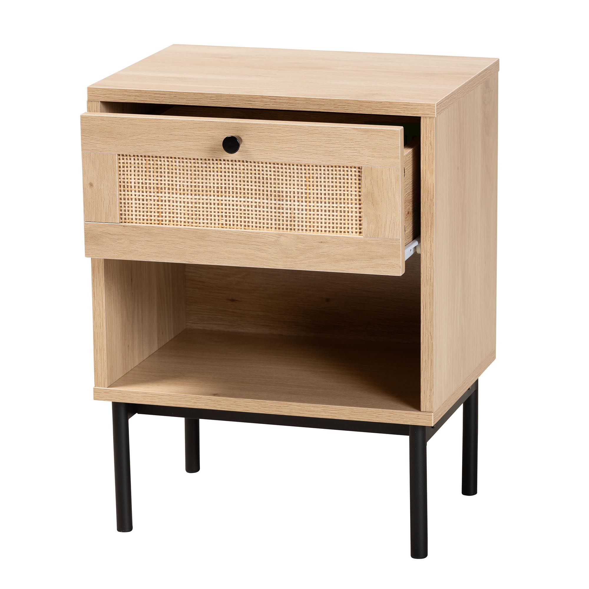 Front view of the light brown and black 1-drawer end table.