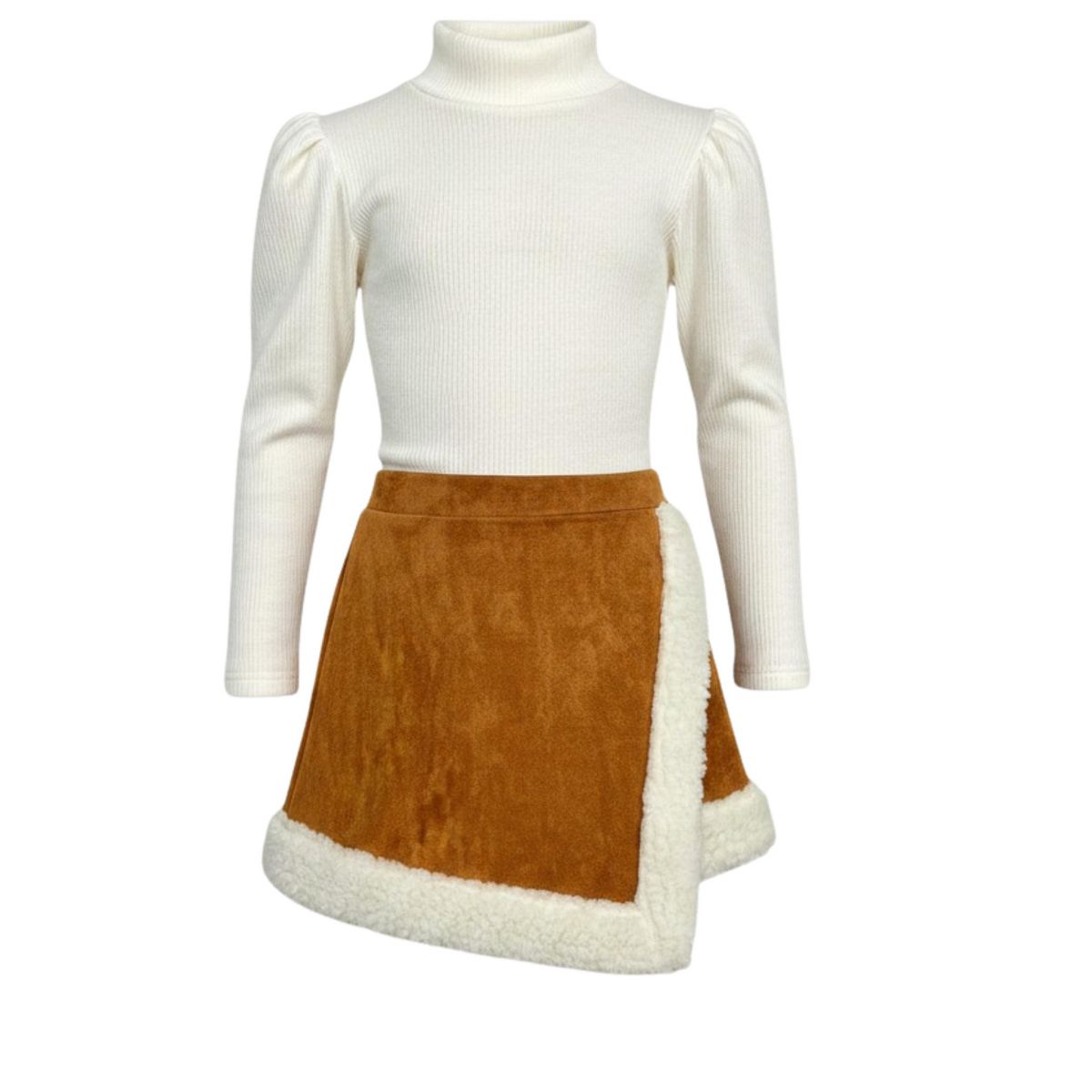 Ivory Turtleneck Top and Camel Fur Trimmed Skort Set Mia Belle Girls