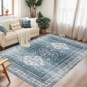 8x10 Teal Vintage Medallion Rug, Machine Washable Low Pile Carpet with Rubber Backing for Living Room, Bedroom - 1 of 4