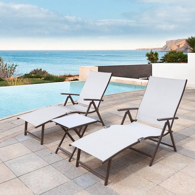 3pc Set with Outdoor Aluminum Adjustable Chaise Lounge & Table Set - Light Gray - Crestlive Products