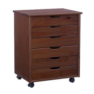 Linon 6 Drawers Cary Walnut Wide Roll Cart