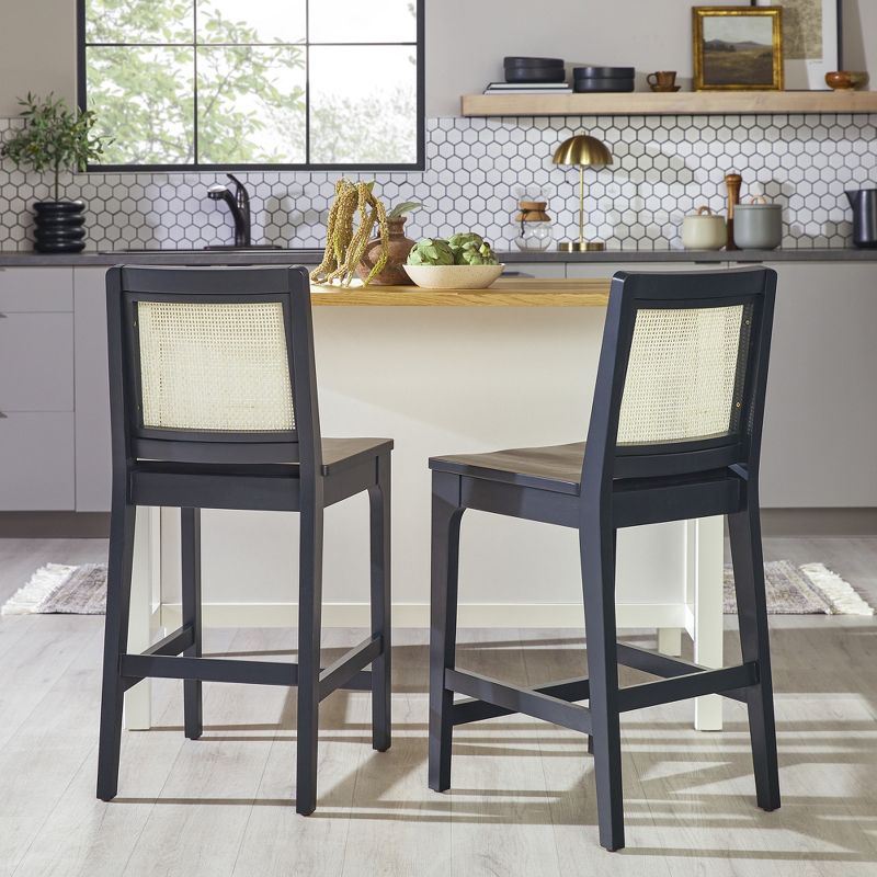 Set of 2 Solid Wood with Rattan Back Counter Stool Black - Saracina Home, 4 of 12