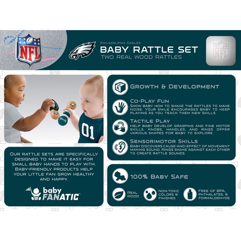 Baby Fanatic Wood Rattle 2 Pack - NFL Philadelphia Eagles Baby Toy Set, 3 of 5