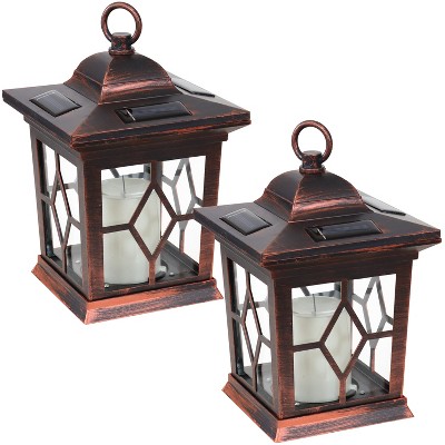 Sunnydaze Outdoor Lucien Hanging Tabletop Solar LED Rustic Farmhouse Decorative Candle Lantern - 9" - Copper - 2pk