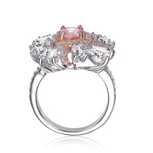 Guili Sterling Silver Rhodium and Rose Gold Plated Morganite Cushion with Pink and Clear Cubic Zirconia Cluster, Elegant Design, Sizes 6, 7, 8 - 1 of 3