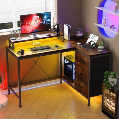 L Shaped Gaming Desk with 4 Tier Drawers, L Shaped Desk with Power Outlets and Led Lights, Home Office Desk with Monitor Stand