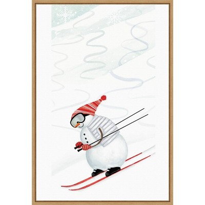 16" x 23" Snow Day III Snowman Skiing by Victoria Borges Framed Canvas Wall Art - Amanti Art