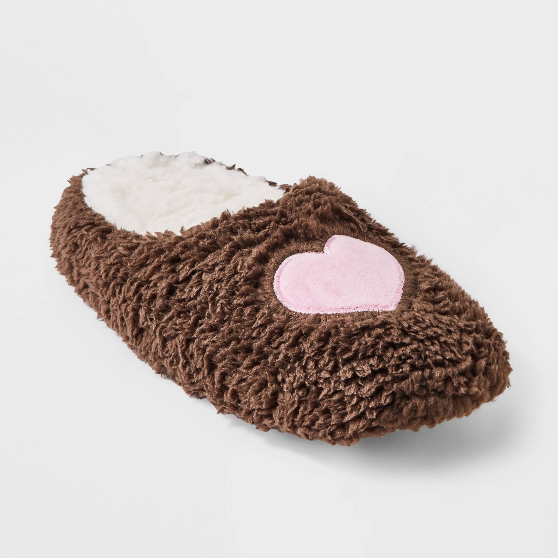 Women's Embroidered Heart Valentine's Day Faux Shearling Slide Slippers - Wild Fable™ Pink/Brown M/L