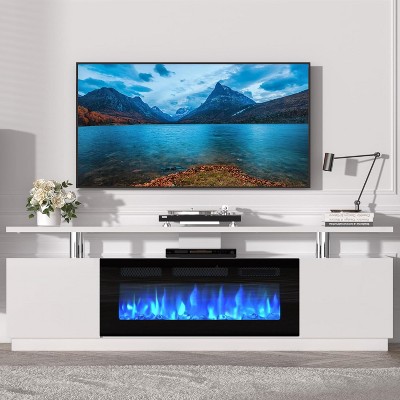 70 Inch Fireplace TV Stand with 36 Inch Electric Fireplace, 12 Colors LED Lights, 750W/1500W for Max 80 Inch TV, 2 Tier Storage 2 Door Cabinet, White