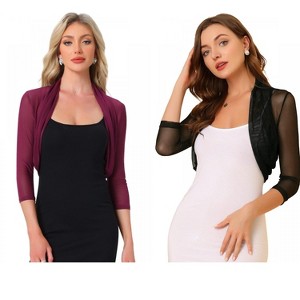 INSPIRE CHIC Women's Semi Sheer Open Front Elegant 3/4 Sleeves Mesh Crop Bolero Shrug 2 Packs - 1 of 4