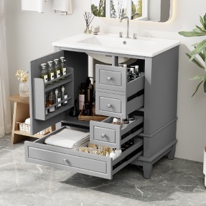 Lyngins 30" Freestanding Bathroom Vanity with Sink, Soft Close Door with Shelf & 3 Drawers, Modern Bathroom Storage Cabinet with Ceramic Sink - 1 of 4