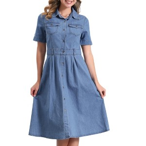 INSPIRE CHIC Women's Collared Short Sleeve A-Line Button Up Midi Denim Dress - 1 of 4