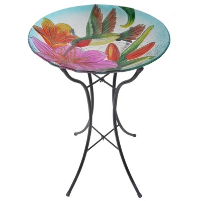 18" Multicolor Glass Hummingbird Birdbath with Metal Stand