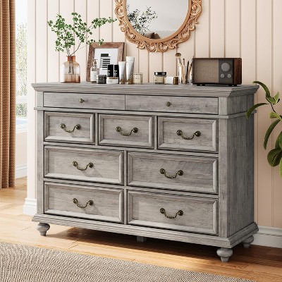 Garvee 47 Inch Farmhouse Dresser for Bedroom with 9 Drawers Rustic Wood Chest Polished Engineered Wood Vintage Metal Handles