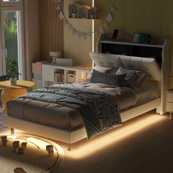 Twin/Full Size Upholstery Platform Bed with LED Light Strips, Headboard Storage Space and 2 USB Charging Port 4A - ModernLuxe