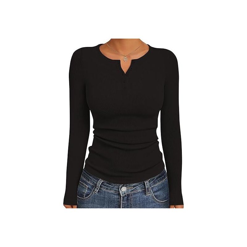 Ekouaer Women's Long Sleeve Henley Shirts Button Ribbed Knit Tops Basic Layering Slim Fit Soft Thermal Underwear Tops - 1&3 Pack Black S