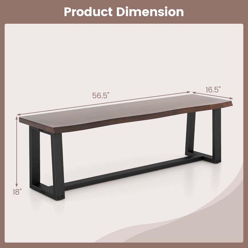 Costway 56.5"L Large Table Bench Wood Dining Bench with Wavy Edge & Metal Frame Coffee/Black, 3 of 11
