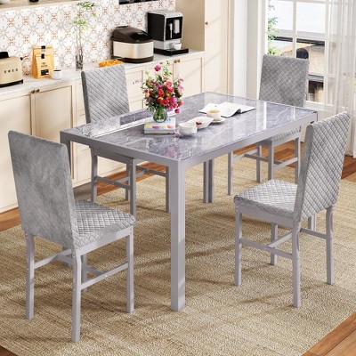 Hooseng Modern Luxurious Style 5/7 Piece Dining Room Table Set, Tempered Glass Top Dining Table Set for 4/6, Metal Frame And Upholstered Dining Chairs