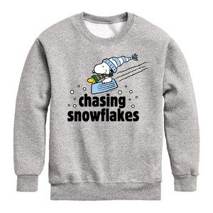 Boys' - Peanuts - Snoopy & Woodstock Chasing Snowflakes Christmas Graphic Long Sleeve Fleece Sweatshirt - 1 of 4