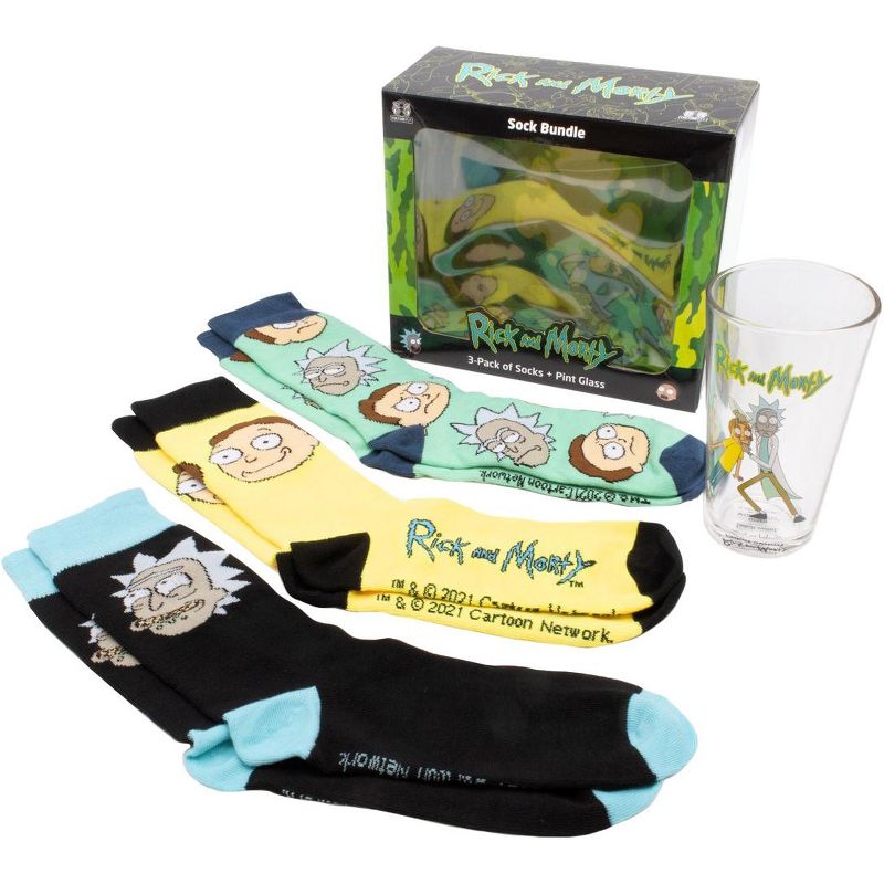 Rick and Morty 3 Pairs of Socks Plus Open Your Eyes Pint Glass Gift Set Bundle Multicoloured, 1 of 6