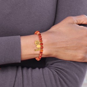 Chisel Stainless Steel Yellow IP-plated Seahorse and Tree of Life Dangles 6mm Red Agate Beaded 6.25" Stretch Bracelet - 1 of 4