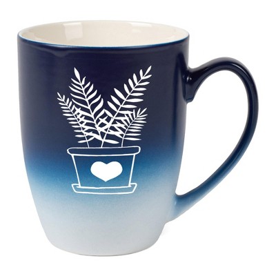 Elanze Designs Botanical Foliage Nature Coffee Cup Mug 12 Ounce Ceramic With Ombre Gradient Elegant Minimalist Fern in Heart Planter Silhouette Navy