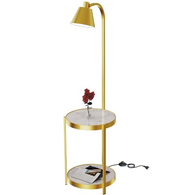 Modern Tall Standing Living Room Floor Lamp with 2-tier End Side Tables Storage Shelves Accent Light 90°Rotation Golden Iron Frame for Bedroom Offices