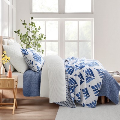 King White Cotton Reversible Quilt Set with Blue Floral Design