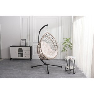 Gulches Outdoor Egg-Shaped Hanging Chair with Stand - Beige, Patio/Indoor Rocking Hammock - 1 of 4