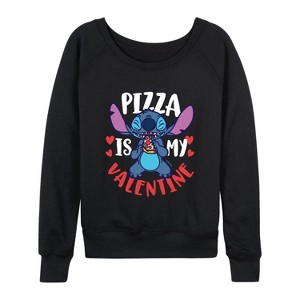 Women's - Lilo and Stitch - Pizza Is My Valentine Lightweight French Terry Wide Neck Long Sleeve Graphic Shirt - 1 of 4