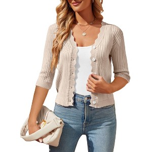 Coolmee Womens Cropped Cardigan Lightweight 3/4 Sleeve Button up Thin Crochet Knit Shrug Sweater - 1 of 3