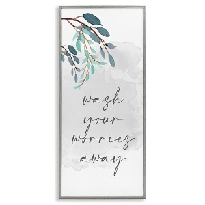 Stupell Industries Wash Your Worries Away Bathroom Phrase Blue Tree Branches, 24" x 10" - 1 of 4