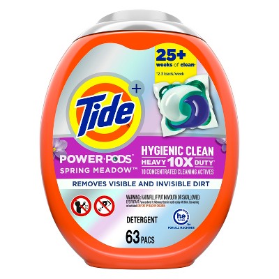 Tide Hygienic Clean Heavy 10x Duty Power PODS Laundry Detergent Pacs, Spring Meadow, 63 count, For Visible and Invisible Dirt