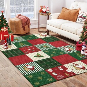 Christmas Patchwork Area Rug, Washable Ultra Thin Non Shedding Low Pile Carpet, Soft Non Slip Holiday Floor Mat for Home, Red/Green - 1 of 4