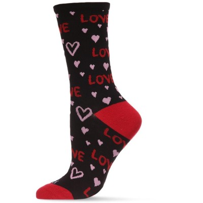 Memoi Women's Love and Hearts Bamboo Blend Crew Socks Black 9-11