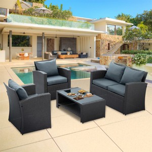 ELJGET 4PCS Patio Rattan Furniture Set Sectional Sofa Cushioned Garden Dark Gray - 1 of 4